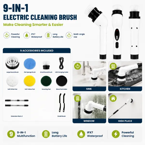 ALL in ONE Cordless Multifunctional Strong Spin Power Electric Cleaning Brush,  9 in 1 Power Spin Electirc Cleaning Brush, Electric Spin Scrubber, Cleans floors, bathtubs, windows, cars, kitchens, vanities and sinks! Kit Dual-Speed Cordless,adjustable