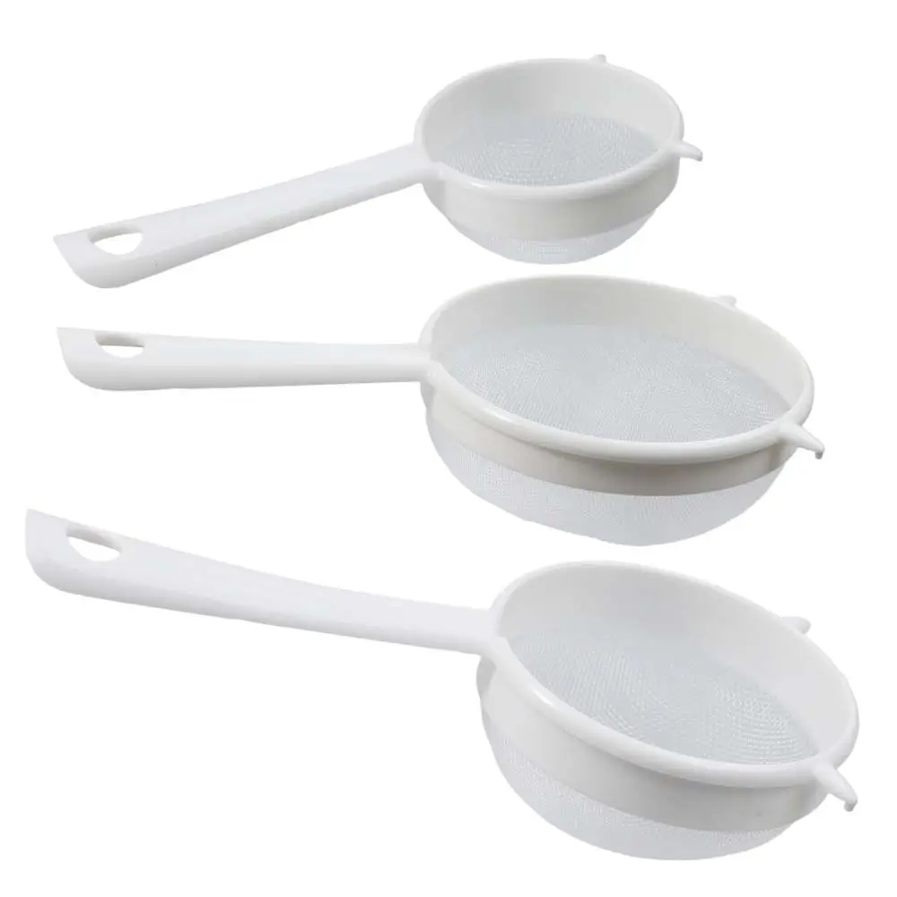 3 Pcs Plastic Mesh Strainer Colander with Handle Double Ear Fine Food Mesh Strainer Flour Sifter for Baking Kitchen Colander Sifter Kefir Tea Juice Pasta(3 Inch, 5 Inch, 7 Inch) campingessentials