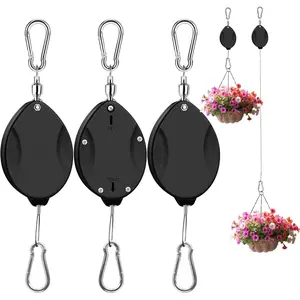 3 Pcs Upgraded Heavy Duty Retractable Plant Hanger Plant Pulleys for Hanging Plants Easy to Raise and Lower Auto Lock Adjustable Hook for Garden Baskets Pots Birds Feeder Grow Lights Black