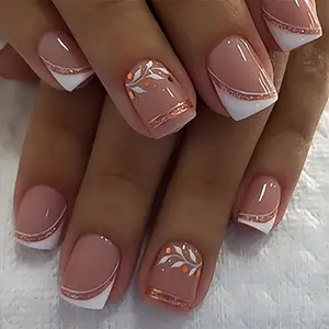 Blush Glimmer Press On Nails | CurvLife Nail | 24pcs Medium Square Fake Nails | Glossy Finish with Leaf Designs & Rose Gold Accents | Easy to Apply, Comfortable & Long-Lasting | Great for Daily Wear, Brunch Dates, Weddings & Elegant Events
