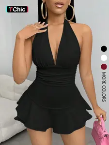 Women's Simple Solid Backless Halter One-Piece Slim Fit Romper, Ruffle Hem, Sleeveless, Casual Summer, Fashionable and Comfortable