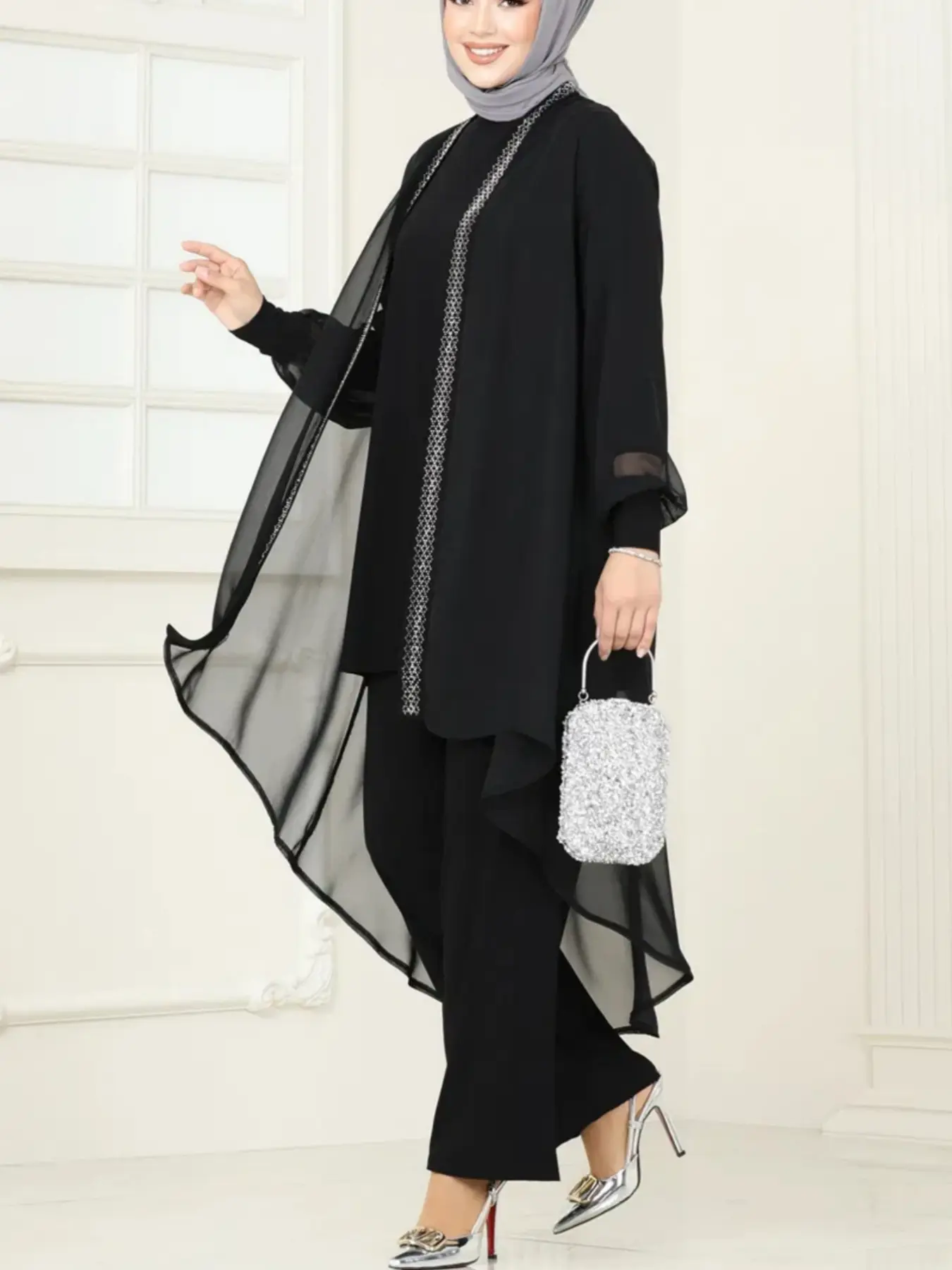 Women's Arabian Casual Three-Piece Set Outfit, Abaya Hijab Set with Loose Fit Top, Long Pants & Jacket, Plain Color Modest Style for All Seasons, Indoors & Outdoors, Muslim Set, Outfit Sets Women