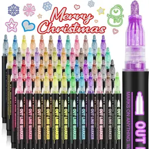 8/12/24/36/48/60 Colors Double Line Outline Markers, Squiggles Shimmer Markers Set, Self Outline Metallic Glitter Marker Pens for Christmas,Art, Drawing, Writing, Greeting Cards, DIY, Scrapbook, Easter Eggs