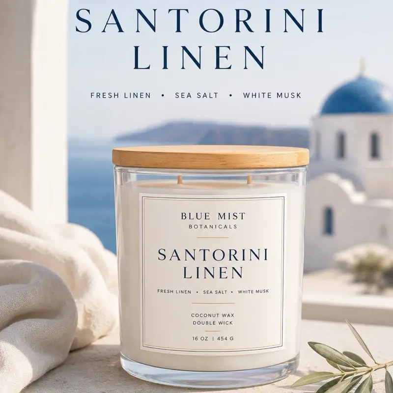 Santorini Linen Double-Wick Candle, Home Decor Item with Long-Lasting Fragrance
