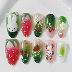 Spring Strawberry Rabbit Nail Art, Fresh Block, Detachable Natural Look Nails for Women, Perfect for Spring