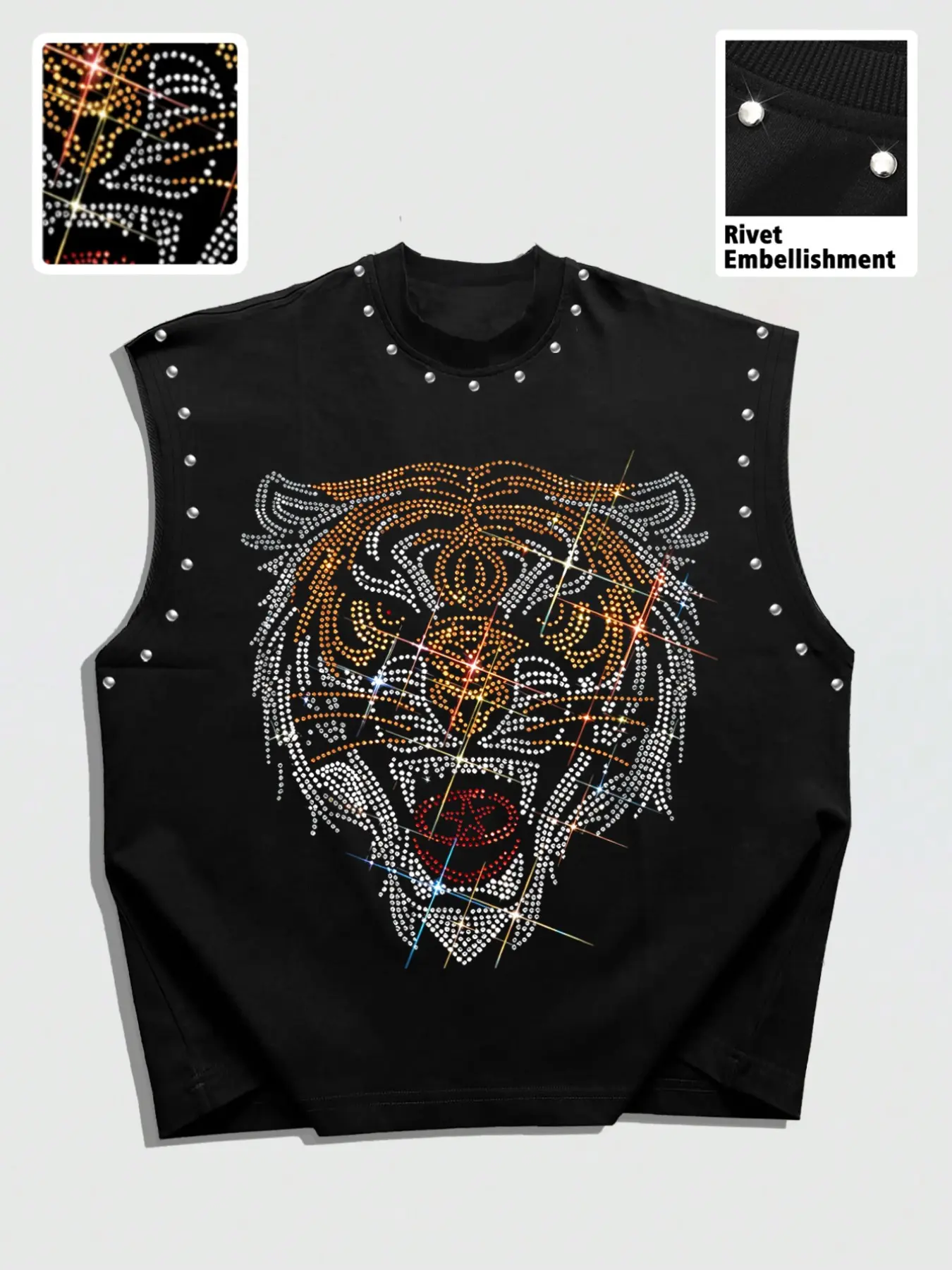 American Tiger Rhinestone Design Sleeveless T-Shirt, Rivet Sleeveless Vest, Loose Short Fit, Street Style, Pop Art Print, Men's Oversize Top, Streetwear