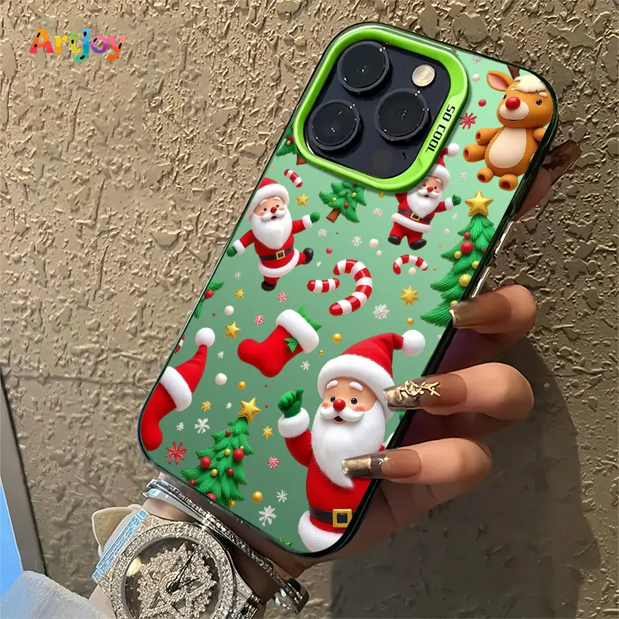Shockproof Phone Case With All-over Print of Santa Claus, Reindeer, Christmas Tree, Stockings & Candy Canes, Fashion Versatile Protective Case With Green Camera Frame, Compatible with iPhone 17 Pro Max,16,16 Plus,15,14,13,12, Ideal Holiday Gift