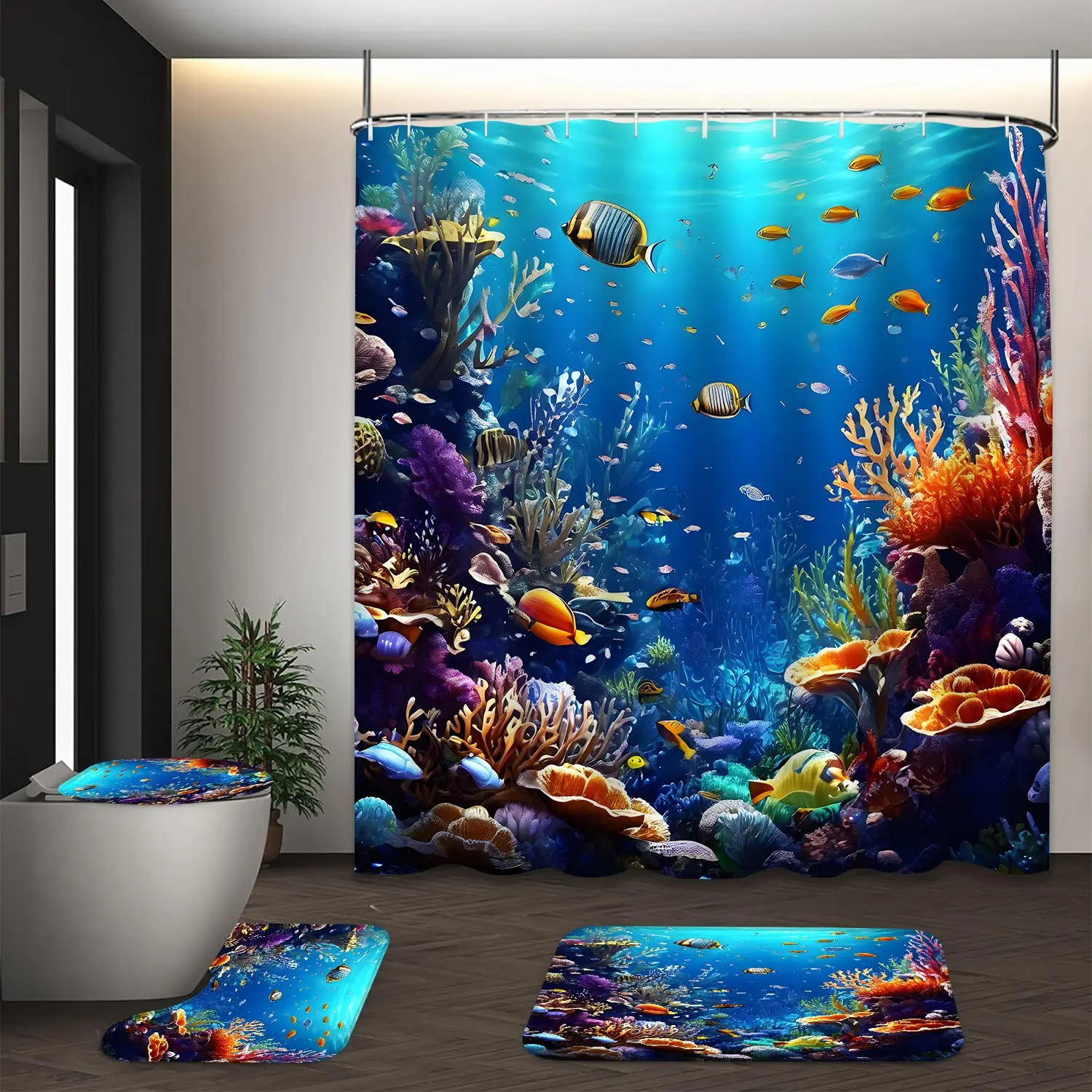 LVRLVR 4Pcs Underwater Coral Reef Tropical Fish Print Ocean Coastal Nature Multi-Color Bathroom Decorative Shower Curtain Set Bathroom Decor 70.8×70.8 Inch