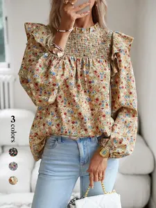 Women's Floral Print Ruffle Layered Sleeve Woven Blouse, Casual Boho Mock Neck Shirred Top for Summer, Women's Clothing Shirts for Daily Wear