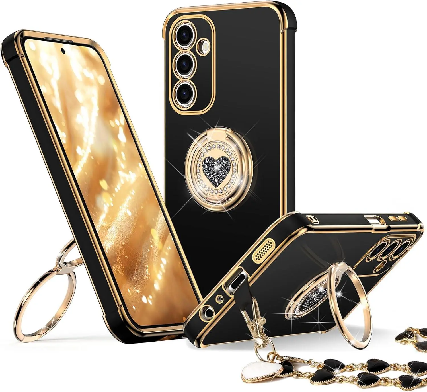 Samsung Galaxy A15 5G Smartphone Case, Adjustable Double-Ring Kickstand Stand, Bling Luxury Protective TPU Cover with Heart Design for Women, Handheld Cellphone Accessory for Anniversary Gifting (Black)