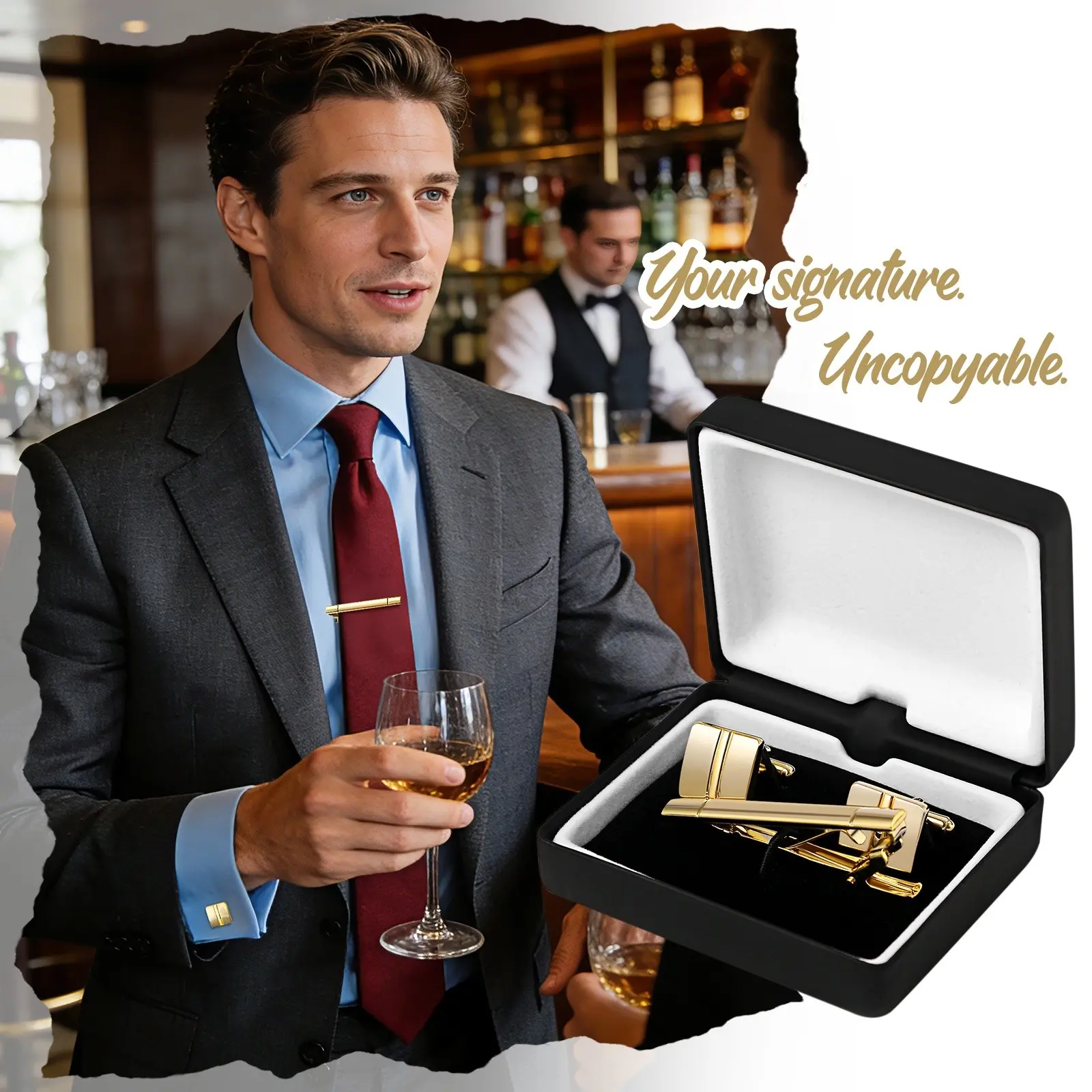 Men's 3-Piece Gold-Plated Copper Modern Square Cufflinks and Tie Clip Gift Set, Formal Accessories for Business, Wedding, Male