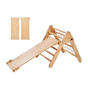 【Summervibes】VEVOR Pikler Triangle Set,  4 in 1 Toddler Climbing Toys Indoor Playground, Large Size Wooden Climbing Gym for Toddlers 1-3 Years, Montessori Climbing Set with Triangle and Ramp, Wood Color