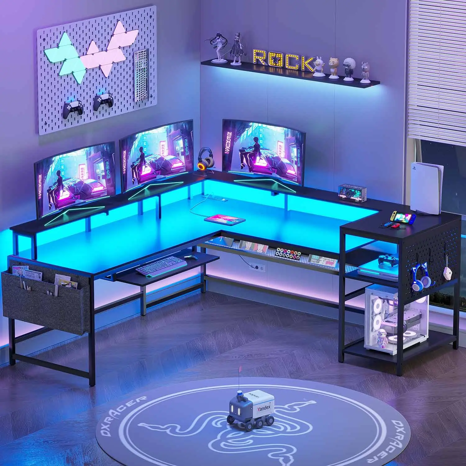 Sikaic Modern Style L-Shape Gaming Desk & Workstation - Corner Home Office Furniture with LED Lights and Power Outlets, Gaming Desks, L Shape Desks & Workstations