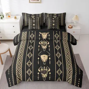Feelyou Queen 7-Piece Microfiber Decorative Bed Comforter Set - Gold-Black Bull Skull Tribal Symbol, Ethnic Horns Southwestern Cowboy Aztec Design, for Men, Bedroom Gift, Microfiber Bedding Set, Decorative Bedding Set