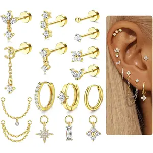 16 Gauge Cartilage Earrings for Women Flat Back-Hypoallergenic 316L Surgical Steel Silver Gold Stud Hoop Cartilage Earring Stack Set Daith Conch Tragus Helix Piercing Jewelry Single PC