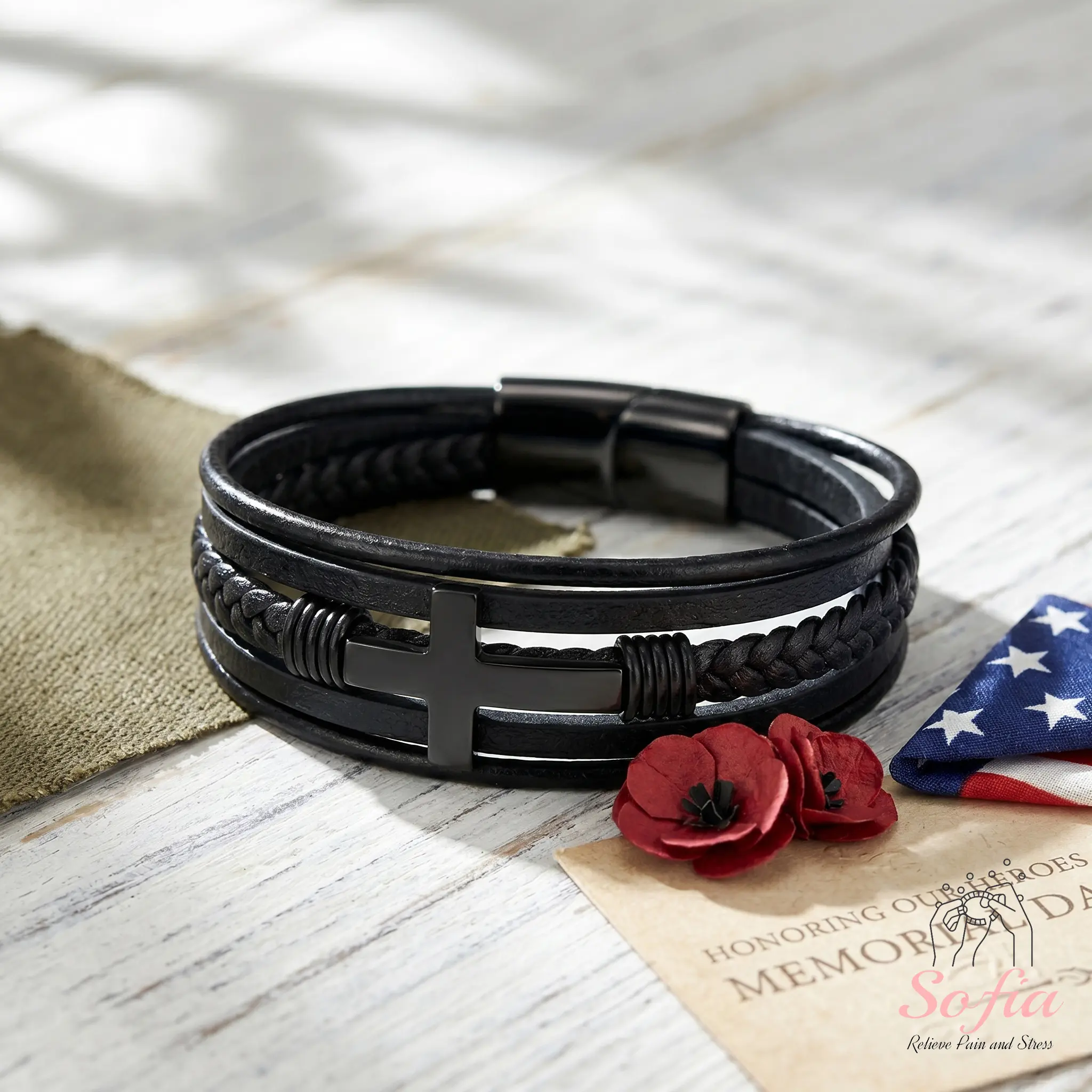 Men's Cross Leather Braided Bracelet - 8in Multilayer Magnetic Wristband, Stackable Faith Wear Jewelry, Trendy Fashionable Accessories, Daily Casual Modern Personalized Memorial Day Gift