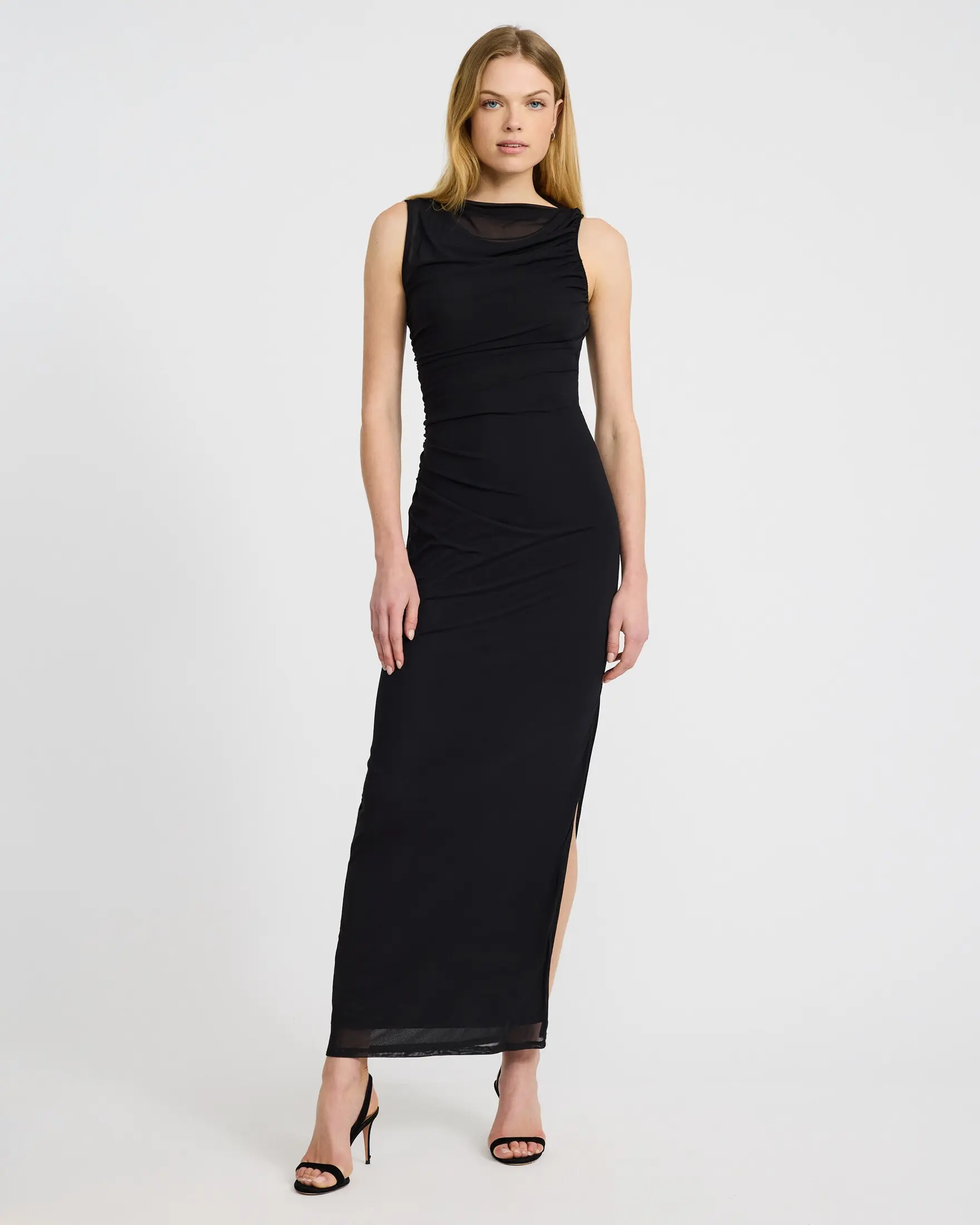 Express Mesh Crew Neck Sleeveless Ruched Maxi Dress