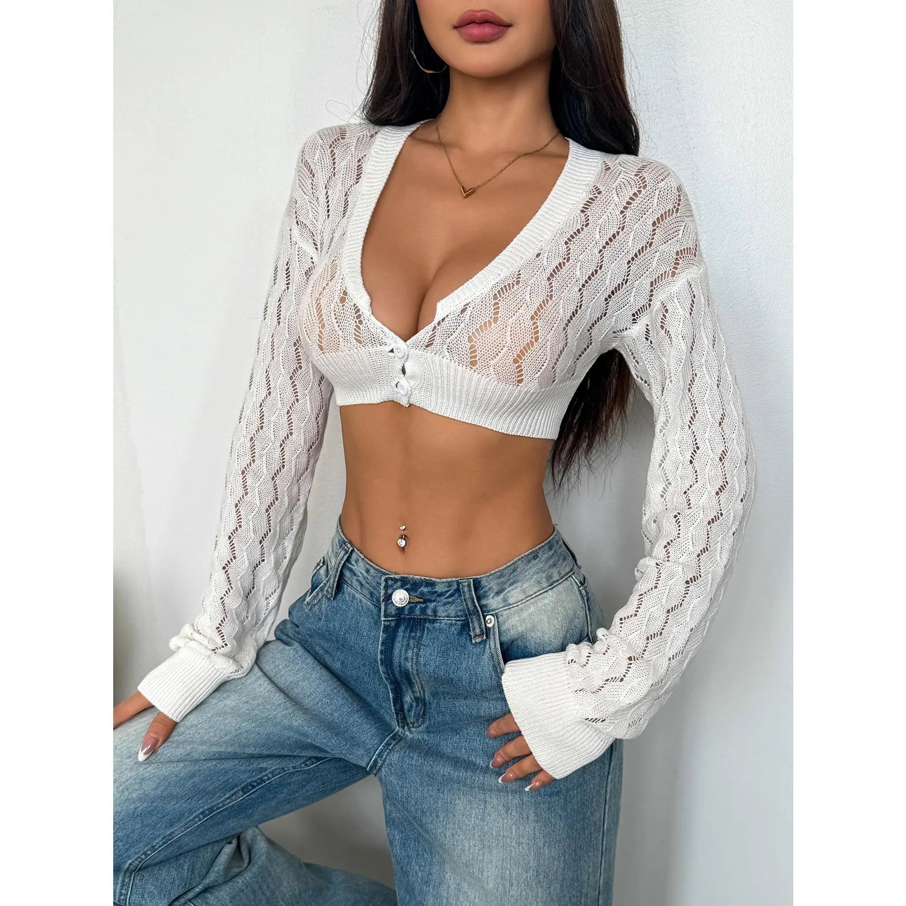 Women’s Sexy Knit Button Front Crop Cardigan – Long Sleeve Lace Mesh Sheer Sweater Top, Y2K Hollow Out V-Neck Shrug Bolero, Lightweight Summer Knitwear for Club, Casual, Streetwear, or Layered Looks Cropped Fit Fabric Adjustable