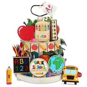 Back-To-School Layered Tray Decor Set, 14-Piece Wood Table Centerpiece, Student Teacher Gift, Classroom Home Use (no Trays Included), Without Tray