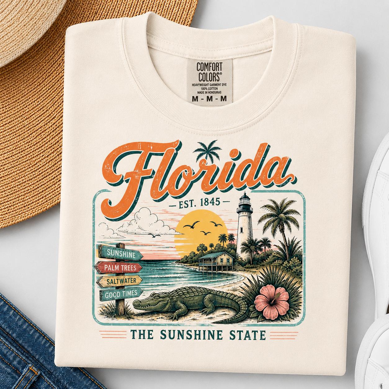 Comfort Colors Vintage Florida Shirt – Retro Alligator Graphic Tee – 90s Summer Beach T-Shirt – Florida Vacation Outfit – Coastal Travel Shirt for Women