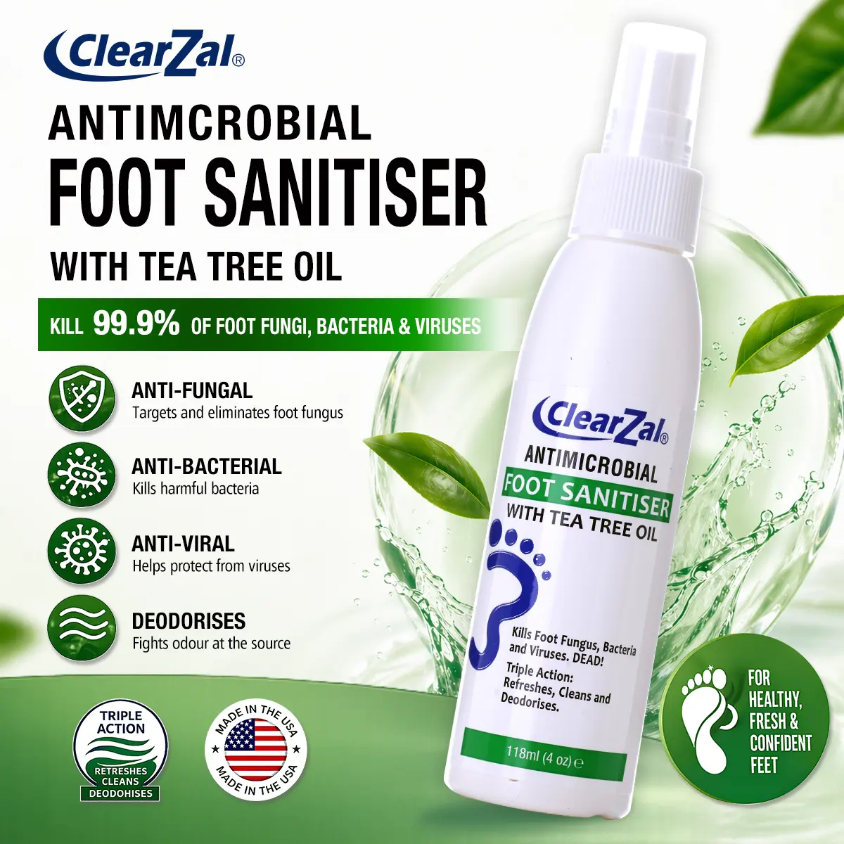 ClearZal Foot Sanitizer Spray with Tea Tree Oil, 4-Ounce Bottle ,Contains natural tea tree oil and aloe vera Long-lasting disinfectant and antibacterial spray