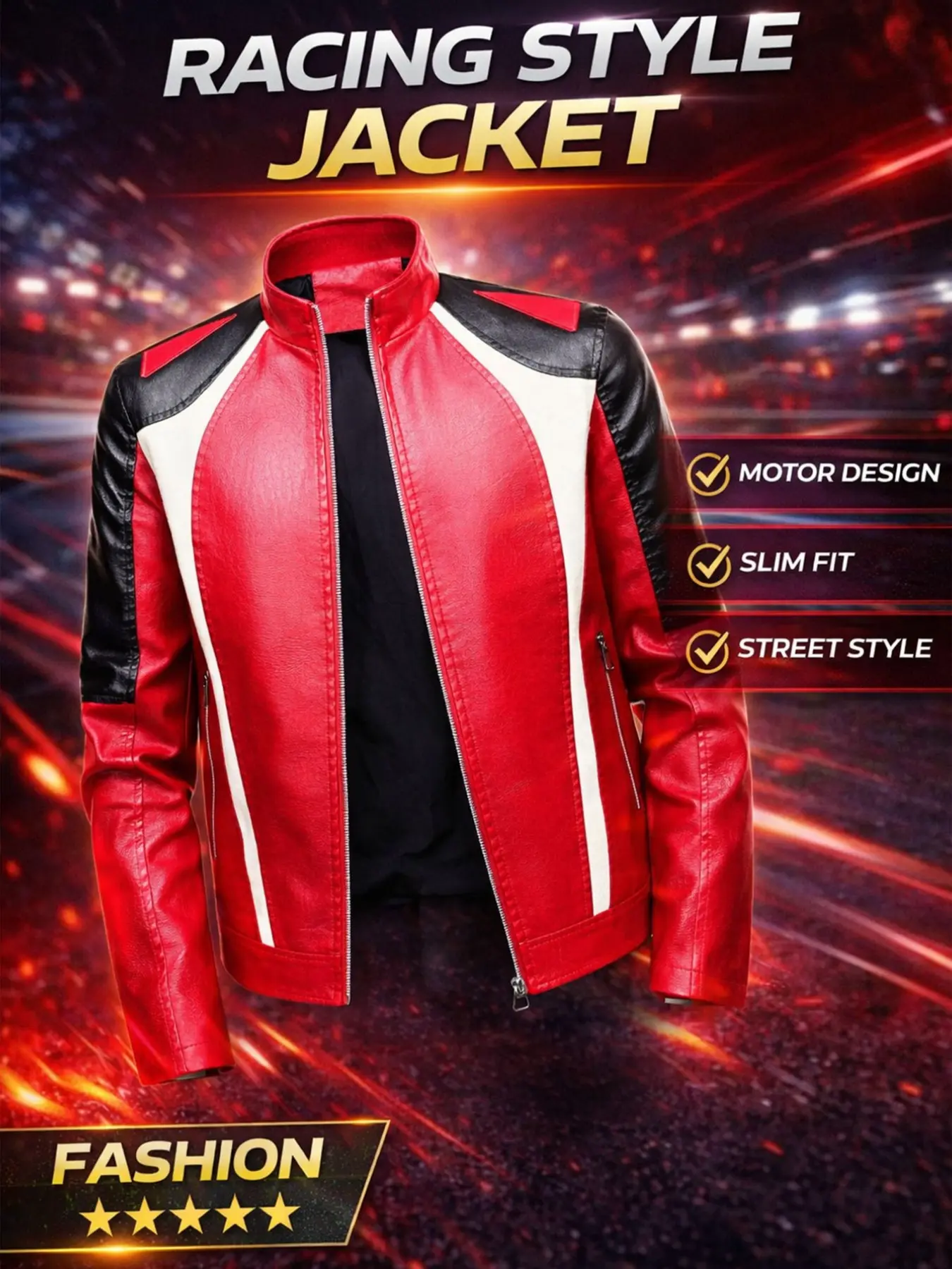 Men's Colorblock Motorcycle Leather Jacket, Stand Collar Zip PU Leather Coat, Racing Style Slim Fit Outerwear, Autumn Street Casual Riding Jacket