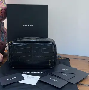 Pre-owned Yves Saint Laurent Leather Clutches & Wristlets YSL Croc Embossed Tiny Cassandre Cosmetic Pouch