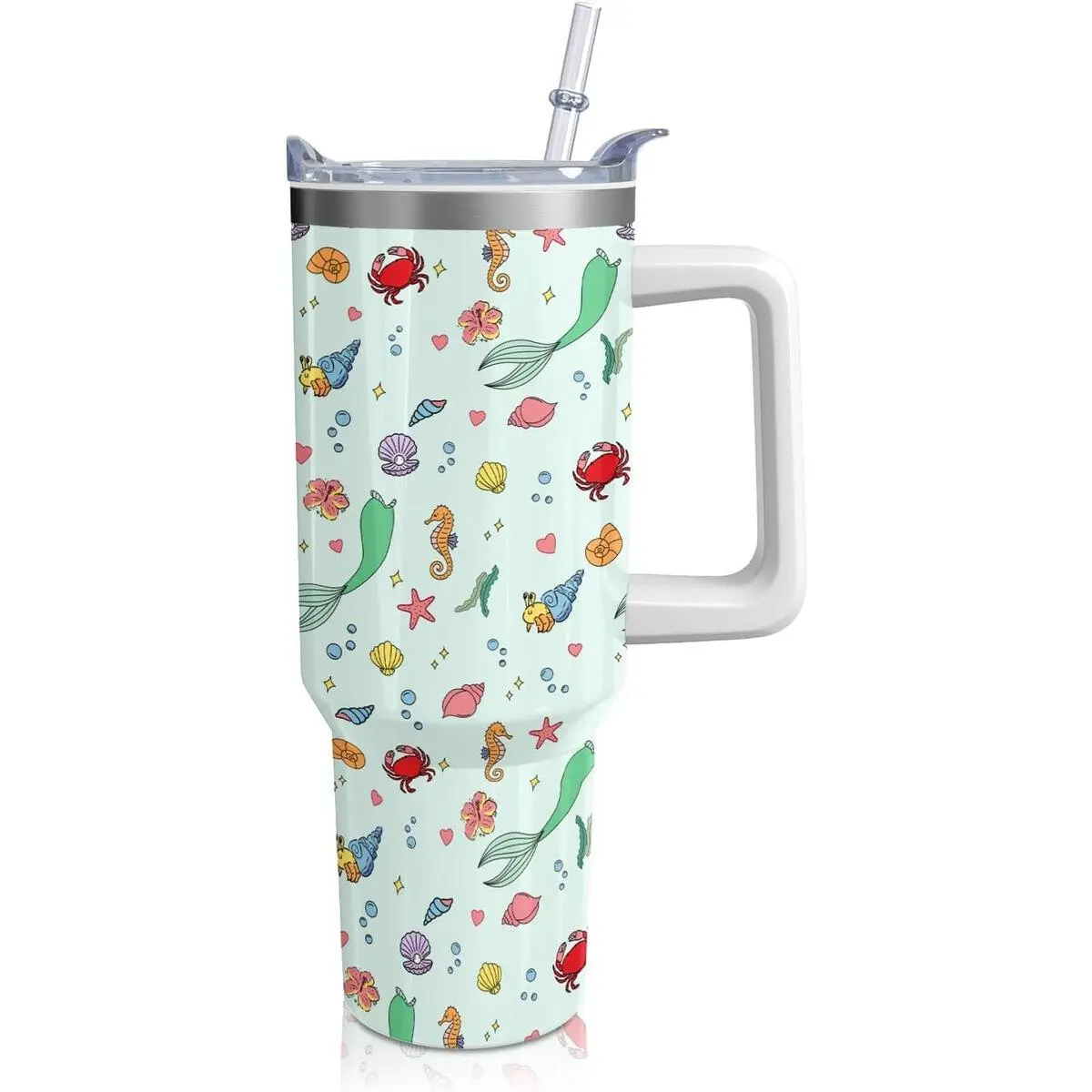 Seafloor Theme Cartoon Princess Thermal Water Bottle Tumbler, Dual Layer Dishwasher Safe Reusable Drinkware with Handle, Straw, Cover, Portable Travel Coffee Mug - Birthday Gift for Girls