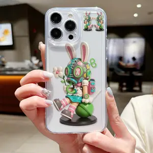 UV Printed Phone Case for iPhone 17-11 Pro Max Air, Creative Abstract Rabbit Design, Anti-Drop Military Grade, Cute Coffee Pattern