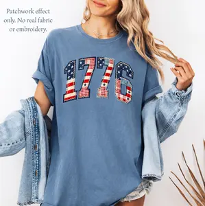 (FAUX PATCHWORK-PRINT) Comfort Colors 1776 Flag Shirt, Faux Patchwork Patriotic Tee, Digital Print Shirt, America 250th Anniversary Shirt, Fourth of July Shirt, Independence Day Gift - HARSIN