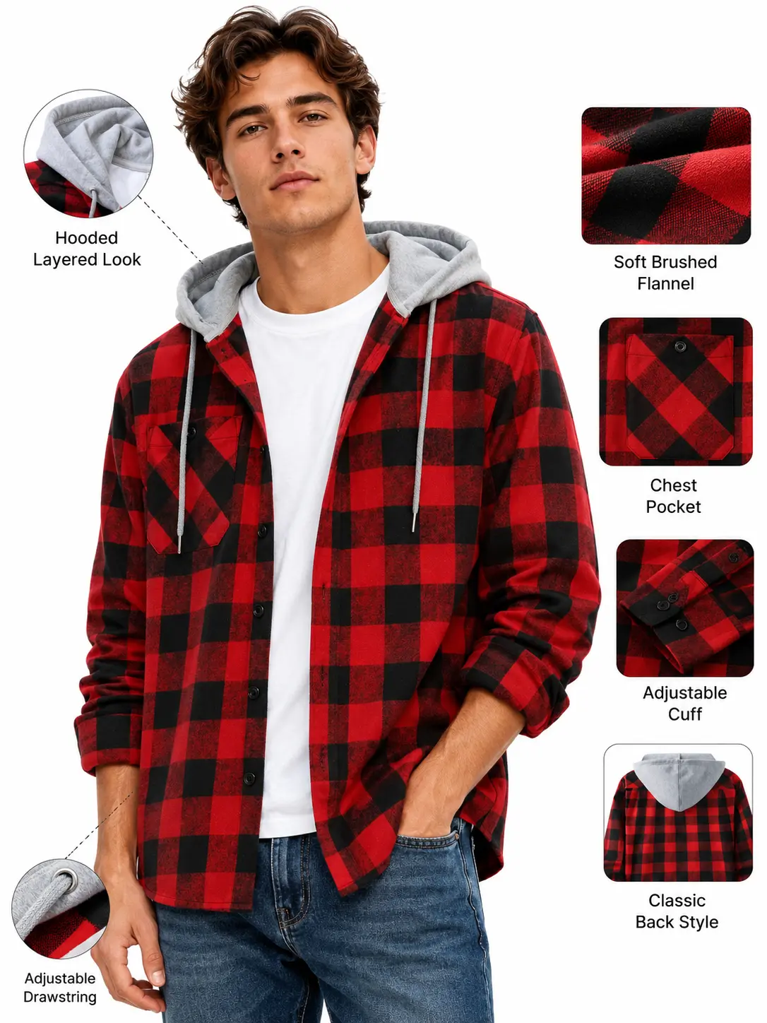 Men's Stylish Oversized Hooded Long-Sleeve Checkered Flannel Shacket - Breathable Sporty Chic Tops, Fall Casual Streetwear, Golf-Ready Athletic Layer, Fabric, Checked, Plaid Shirts, Collared Neck, Do Not Dry Clean, Loose