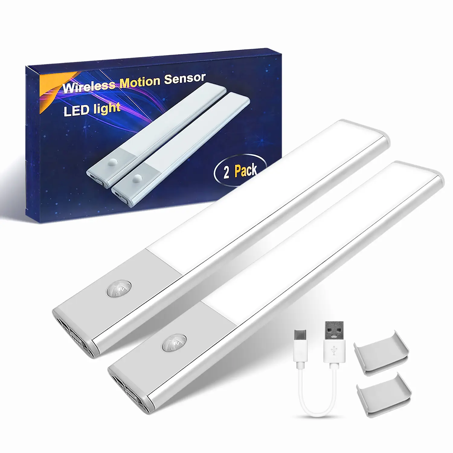 KEXU 2-Pack Rechargeable Smart Motion Sensor Under-Cabinet LED Night Lights, 1100mAh Battery USB Powered Lamp, Aluminum Acrylic, 0.39in Height, 2-Hour Charge, Auto Turn Off for Kitchen Countertop Basement Home Improvement