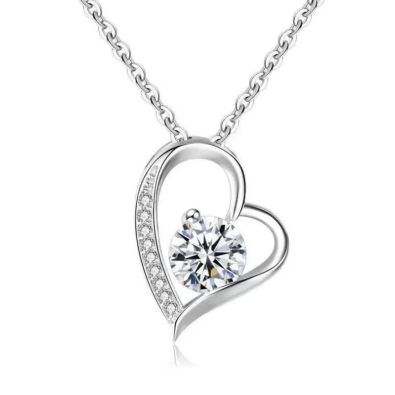 Women's Elegant Heart-Shaped Copper Pendant Necklace - Korean-Style, Mixed Gem Inlay, Metal Coating Chain, Love Valentine Gifts for Casual Wear, Female, Heart Chain, 45Cm