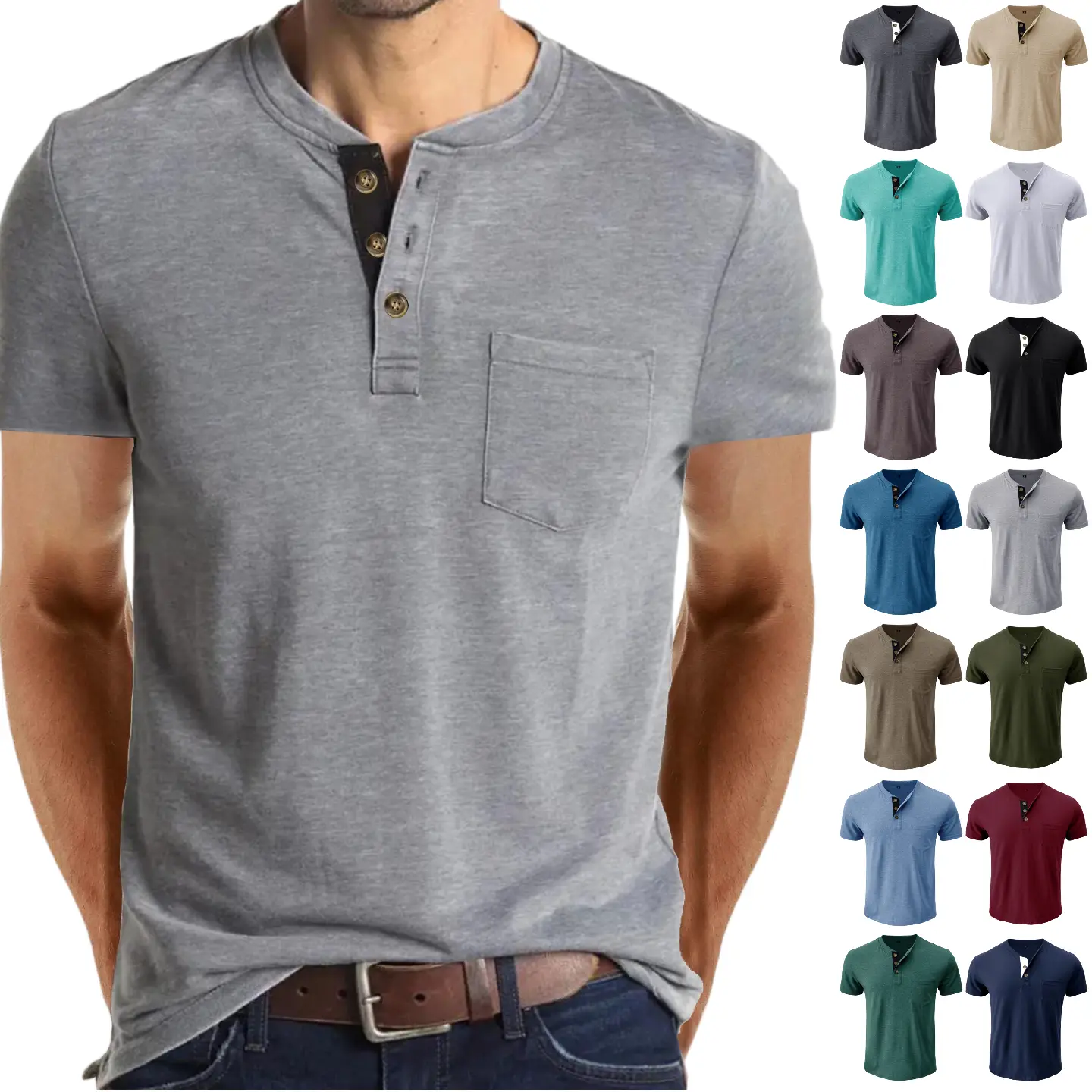 Men's Casual Henley T-Shirt Short Sleeve - 65% Cotton 35% Polyester Soft Blend with Chest Pocket, Classic Button Placket Tee for Daily Wear, Weekend Outings - 14 Colors (White/Khaki/Black/Army Green/Dark Gray/Light Gray/Light Blue/Blue/Navy/Wine Red/Green