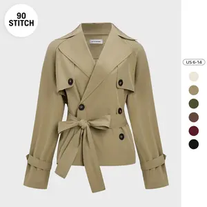 90Stitch Women's Elegant Notch Lapel Double Breasted Trench Coat with Detachable Wrap Tie Belt, Solid Color Office Commuter Outerwear Jacket, Warm Windproof Casual Coat for Fall & Winter Daily Street Style