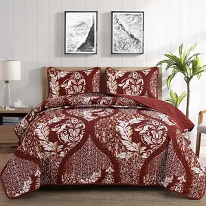 Burgundy Quilt Set  Size, Boho Red  Damask Bedspread Coverlet Set Soft Lightweight Microfiber Luxury Bedding Set 3 count for  Season (96"x90")