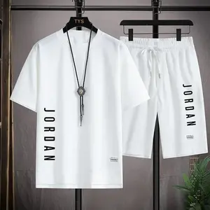 Stylish casual T-shirt + Shorts set Men's sports Loose comfortable low 2025 men's summer Waffle suit Clothes Menswear Formal 7_White Crewneck