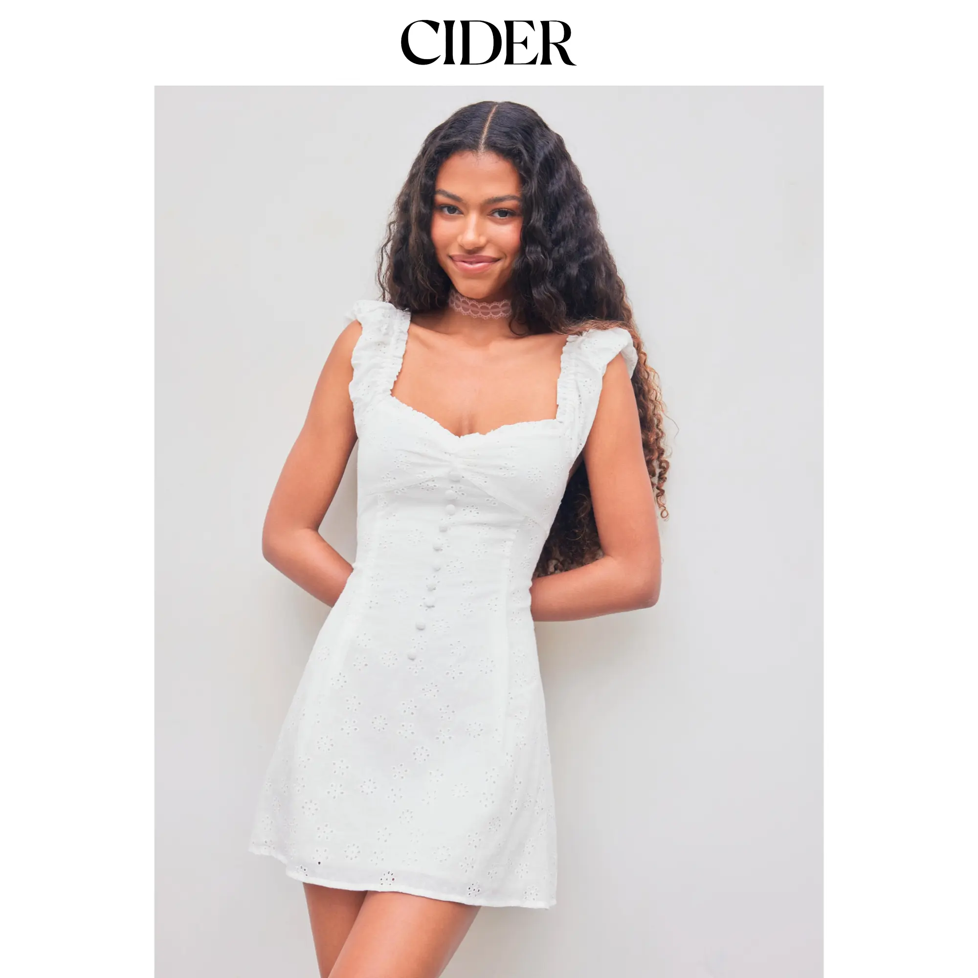 Cider [2 colors, size 0-10] Broderie Anglaise Off-shoulder Solid Button Mini Dress