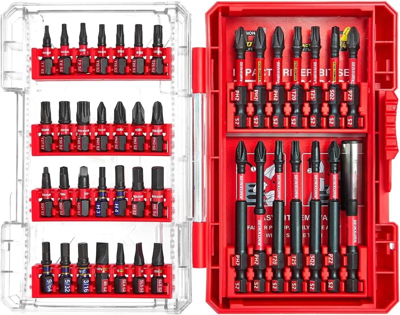 42 count Impact  Bits Set,  S2 Steel Phillips/Slotted/Square/Torx Insert Power Bits Tips, Impact Bit Holder with Red Storage Box Case
