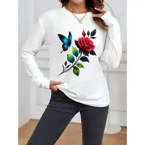 Women's Elegant Casual Long Sleeve T-Shirt with Butterfly & Rose Print Asymmetric Round Neck Blouse Soft Elastic Top Machine Washable Fall Spring Summer Daily Wear Comfortable Regular Fit for Layering & Standalone Outfits