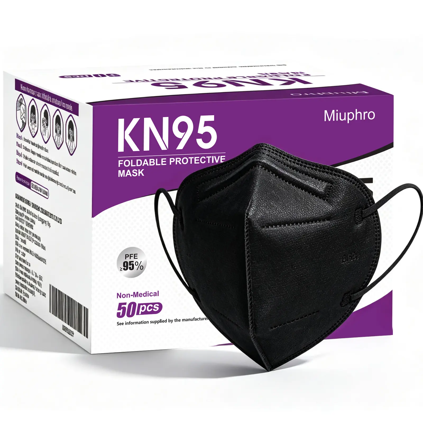 Black KN95 Face Masks, Daily Protective 5-Ply Non-Medical Respirator for Outdoor Travel Work, Soft Adjustable Nose Bridge & Comfortable Fit（50pcs）
