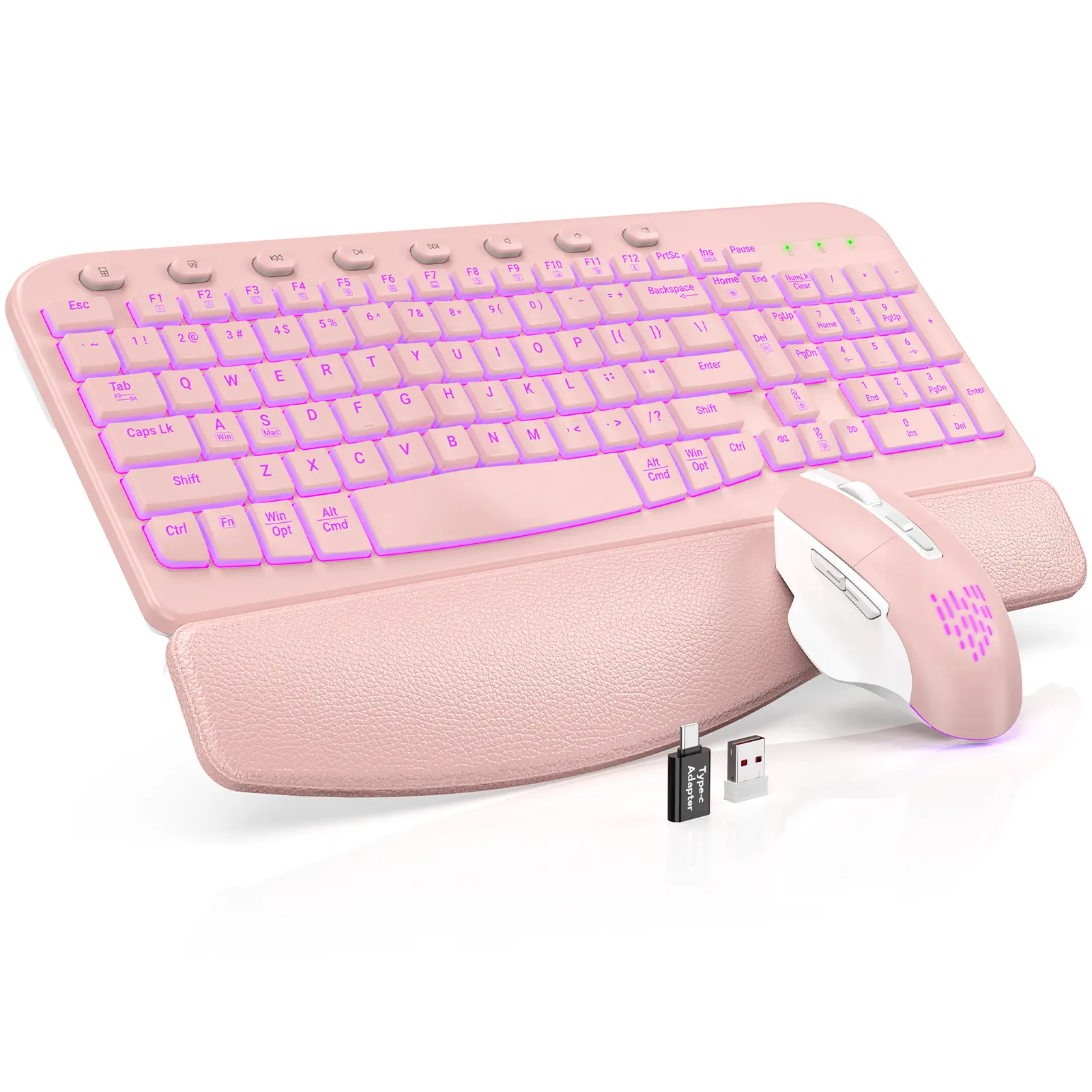 SABLUTE MA12Pro Ergonomic Wave Keyboard & Mouse Set - Wireless, Leather Wrist Rest, 7 RGB Backlights, USB-C Charging, Dual System Layout, Bulletproof Keys(non-bluetooth)