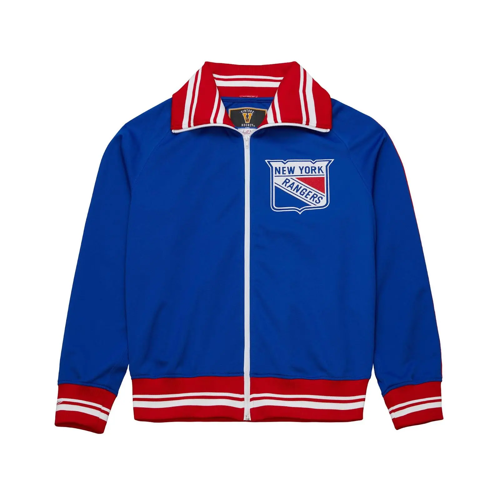 Mitchell & Ness Menswear New York Rangers 1977 Blue Long Sleeve Full-Zip Warm Up Coat, NHL Throwback Classic Casual Vintage Fan Gear Jackets