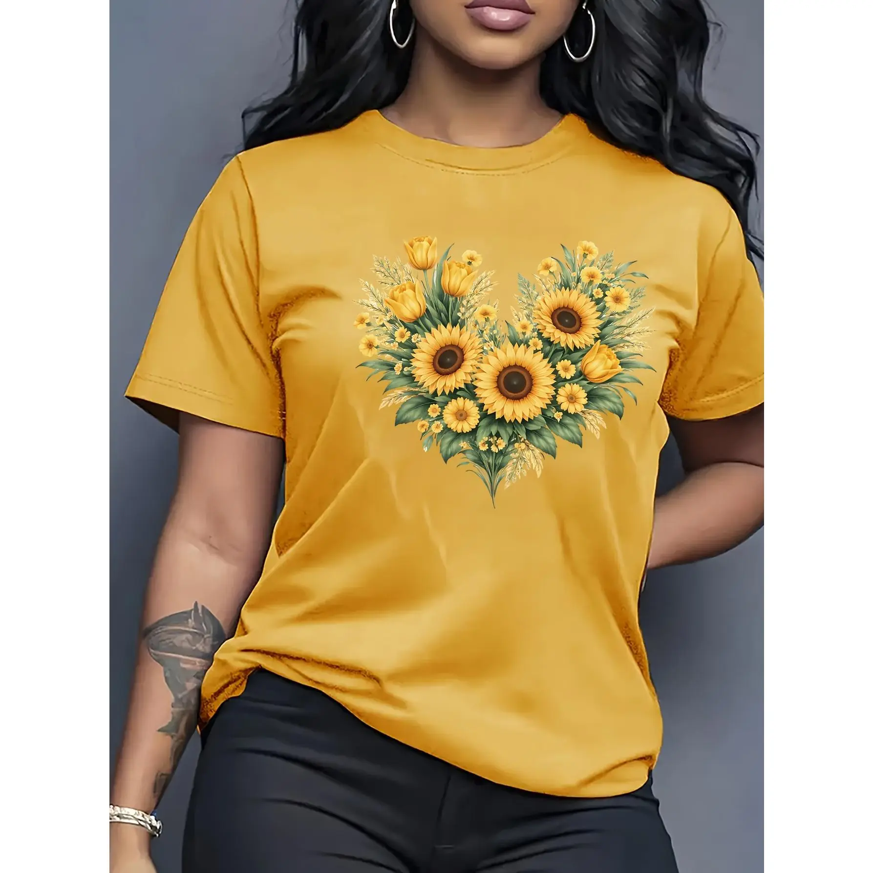 women's shirts  shirts women summer clothes tops 100% Pure Cotton Sunflower pattern T-shirt, short-sleeved casual round-neck top, spring and summer women's clothing