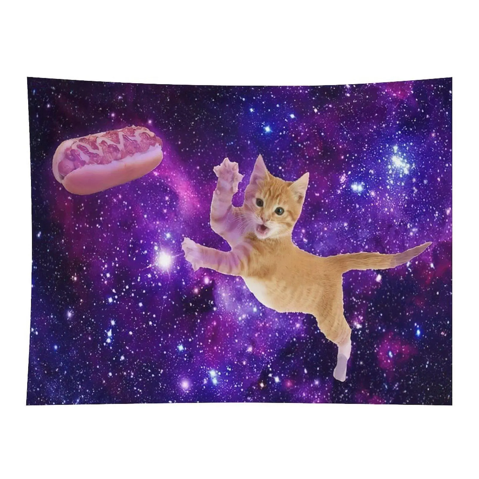 Funny Meme Space Cat Hot Dog Fabric Tapestry - Galaxy Print Wall Hanging, Machine Washable Home Decor for Bedroom Dorm