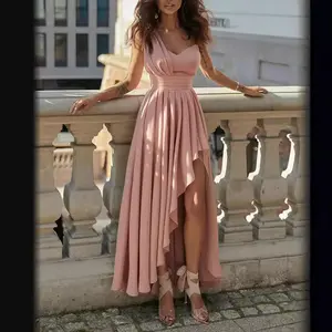 2025eveningdressnewsolidcolorchiffonslantedshoulderslimlongirregularhemdressPromWeddingPartyFormal