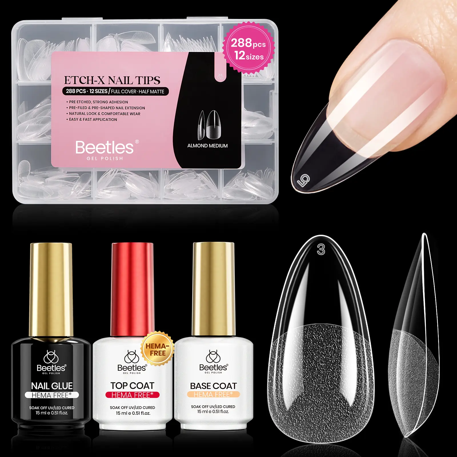 Beetles Gel Nail Kit Etch-X, 288pcs 12 Sizes Nail tips, 3Pcs 15ml HEMA-Free Nail Glue Top Coat &Base Gel Set, for Acrylic and Clear Press On Nail, Long Lasting Extension DIY Set at Home