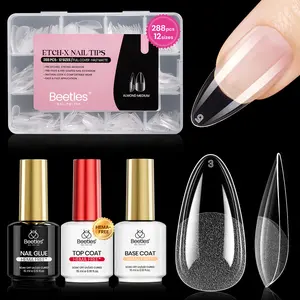 Beetles Gel Nail Kit Etch-X, 288pcs 12 Sizes Nail tips, 3Pcs 15ml HEMA-Free Nail Glue Top Coat &Base Gel Set, for Acrylic and Clear Press On Nail, Long Lasting Extension DIY Set at Home