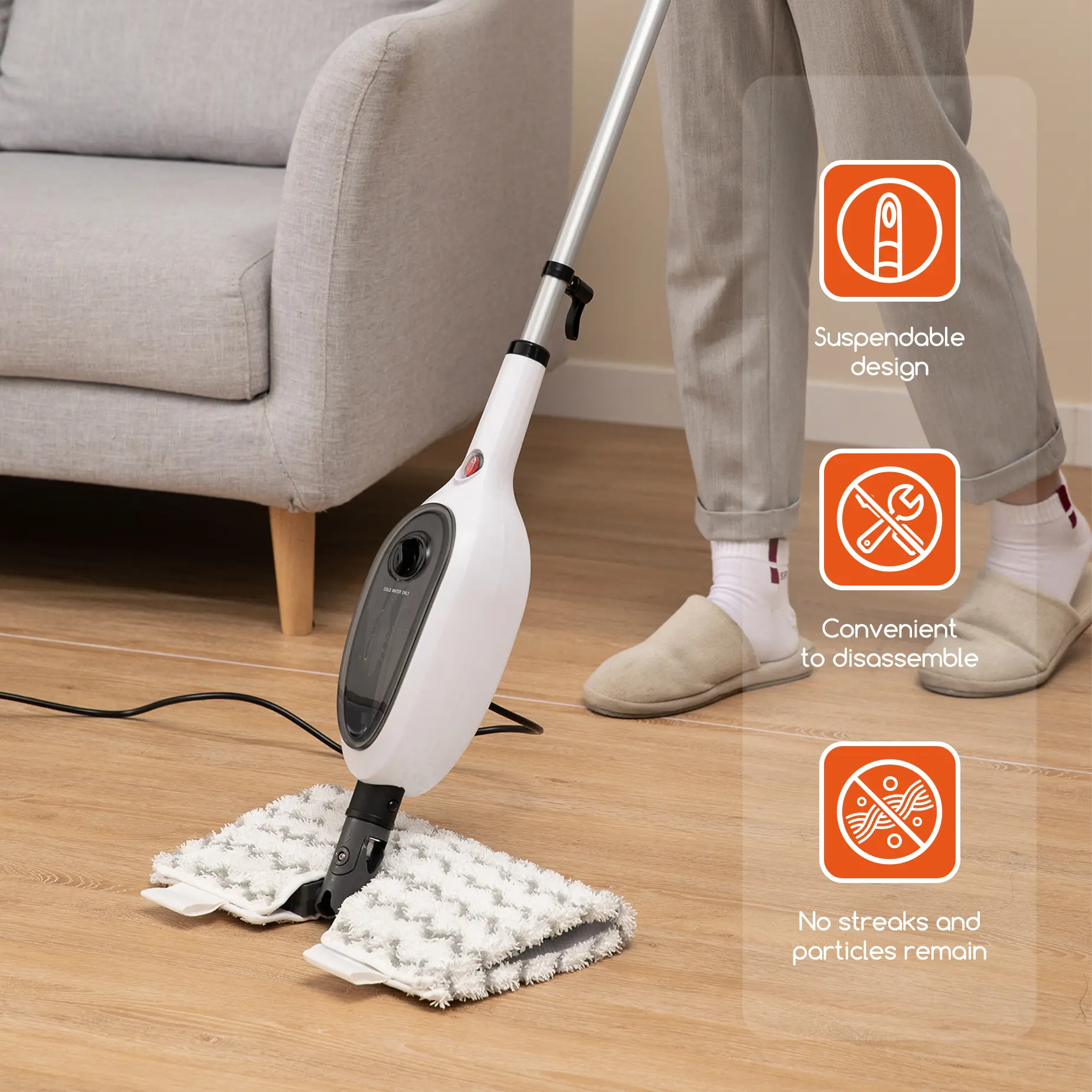 Steam mop for floor cleaning featuring a unique double-sided flip design and rapid 15-second heat-up; a 10-in-1 steam cleaner suitable for kitchens, living rooms, and cleaning wood floors and tiles.