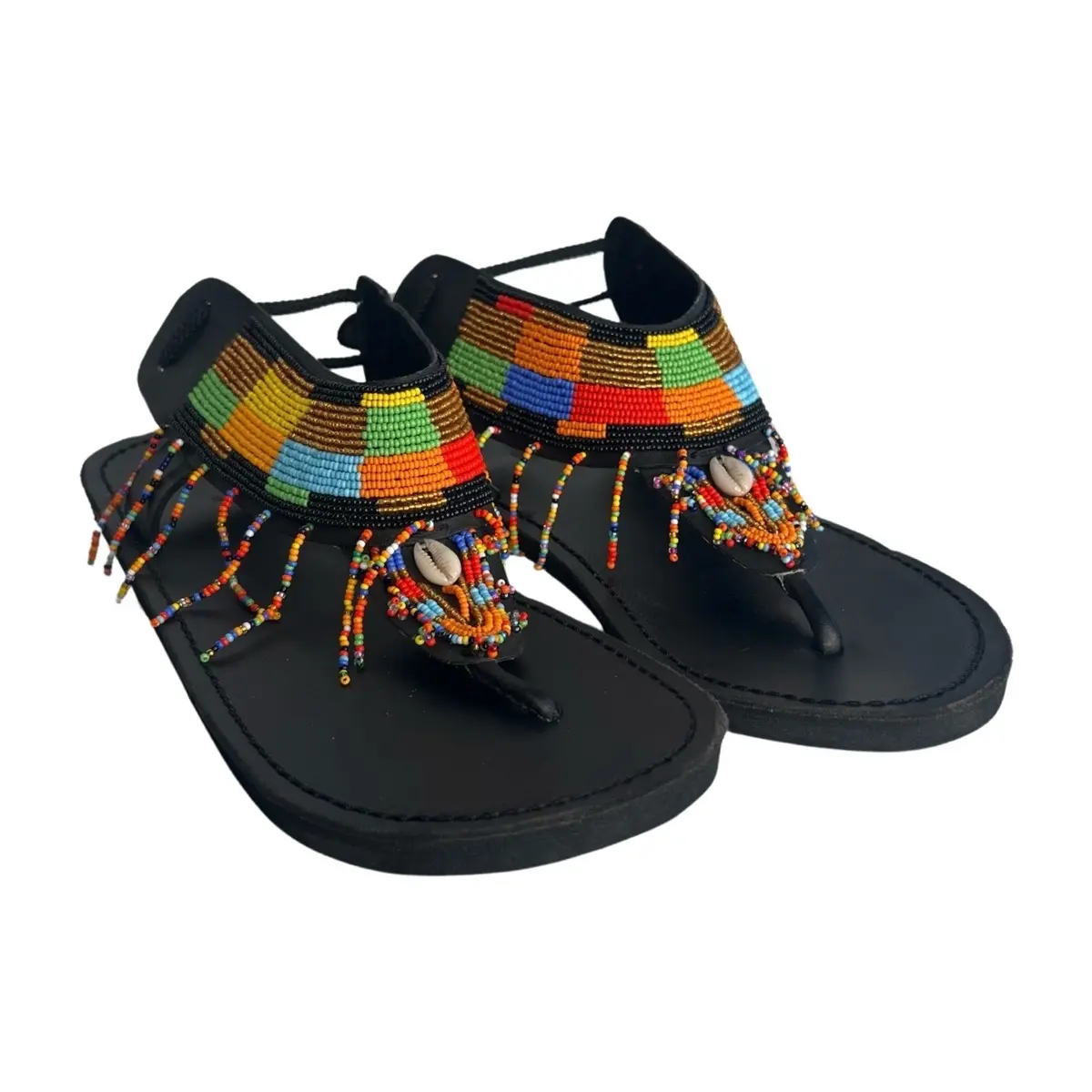 African Beaded Ankle Sandals Black